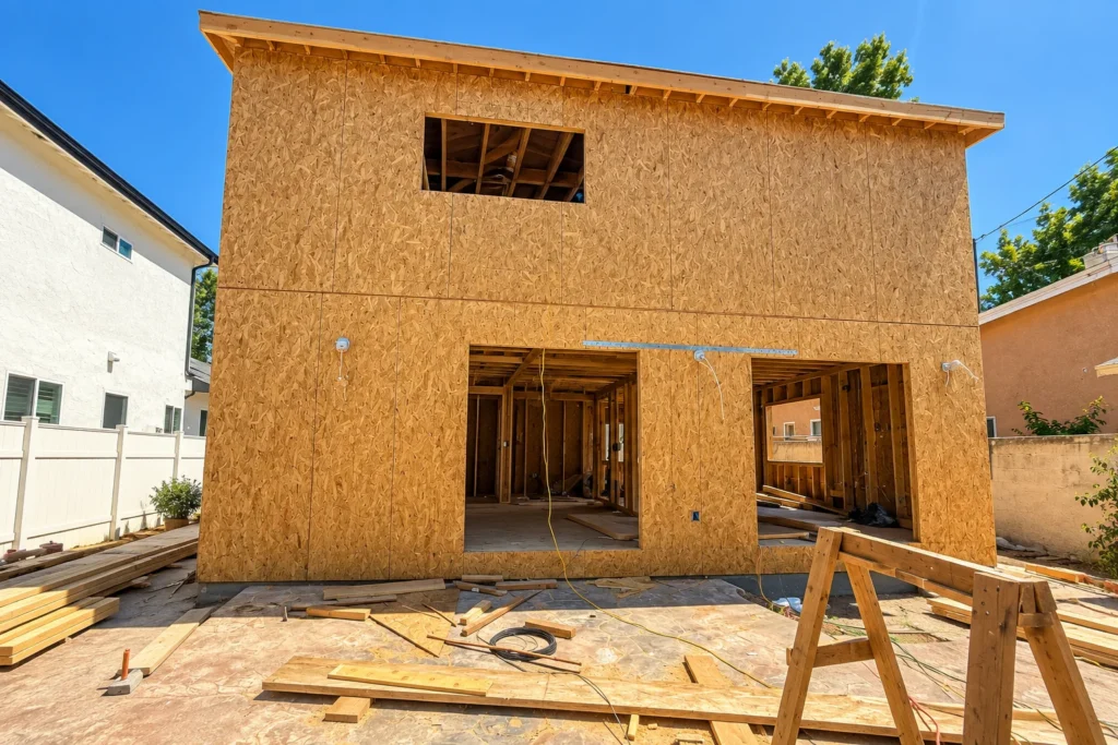 Wall framing and sheathing going up on the Encino project