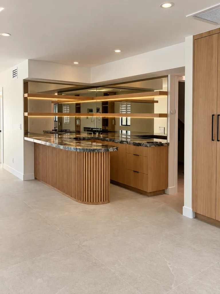 Kitchen in the Encino remodel, wood cabinets and lit open shelves