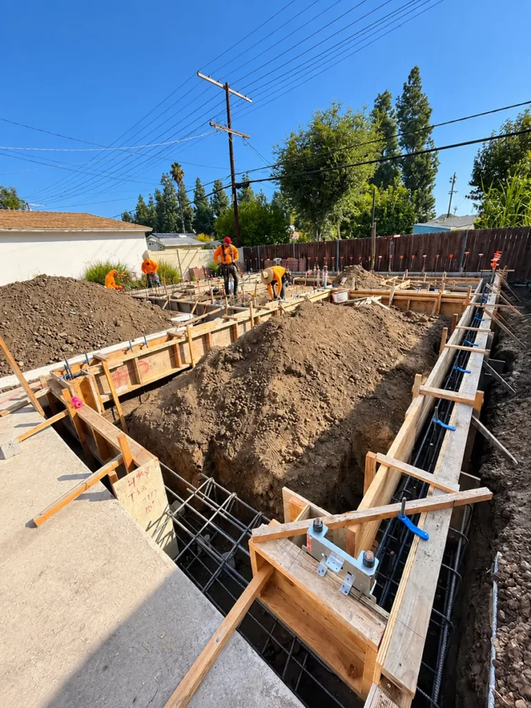 Footing forms and rebar set for the Encino ADU foundation