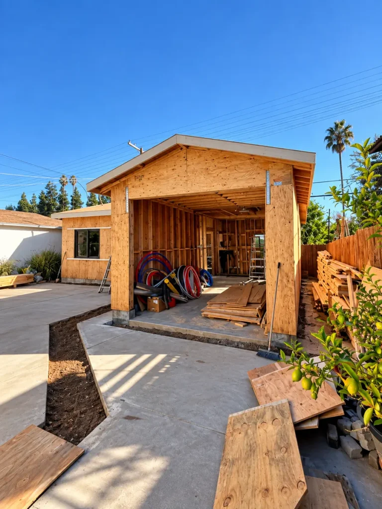 Plywood sheathing closing the frame of the Encino ADU