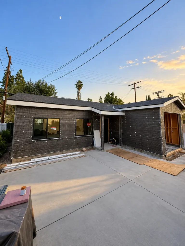 Roof on and wire lath wrapped around the Encino ADU