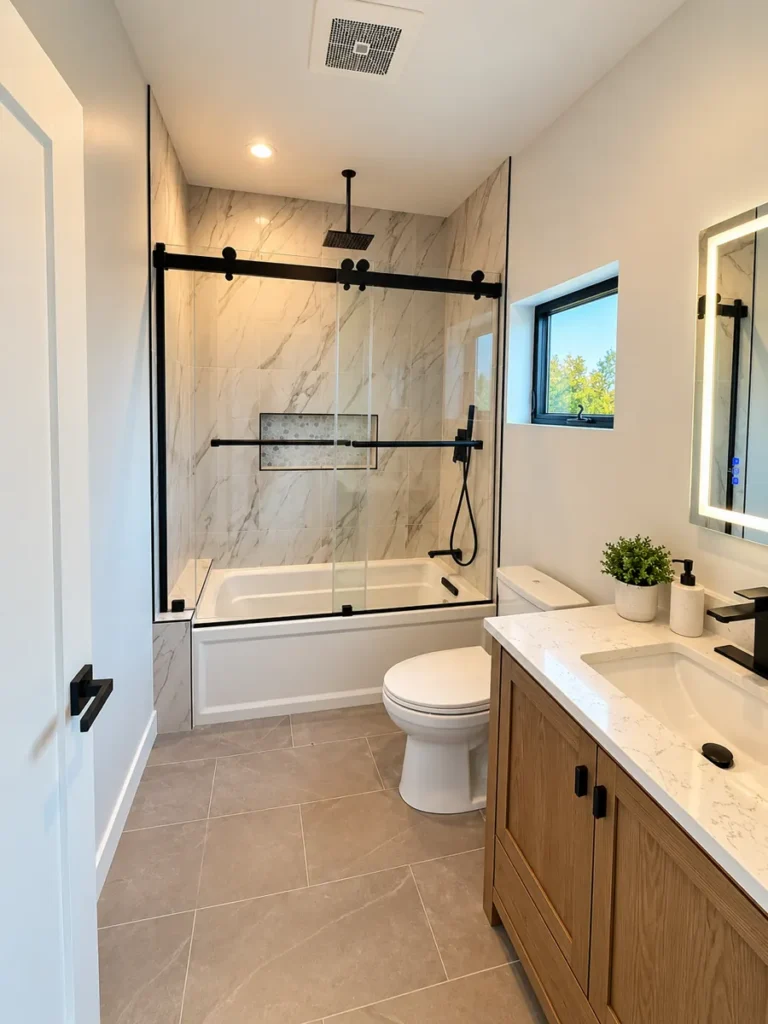 Bathroom in the Encino ADU with a tiled tub and shower, sliding glass door and wood vanity