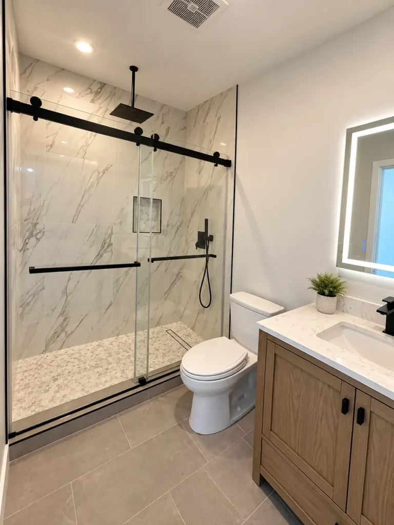 Bathroom in the Encino ADU with a tiled walk-in shower and rain head