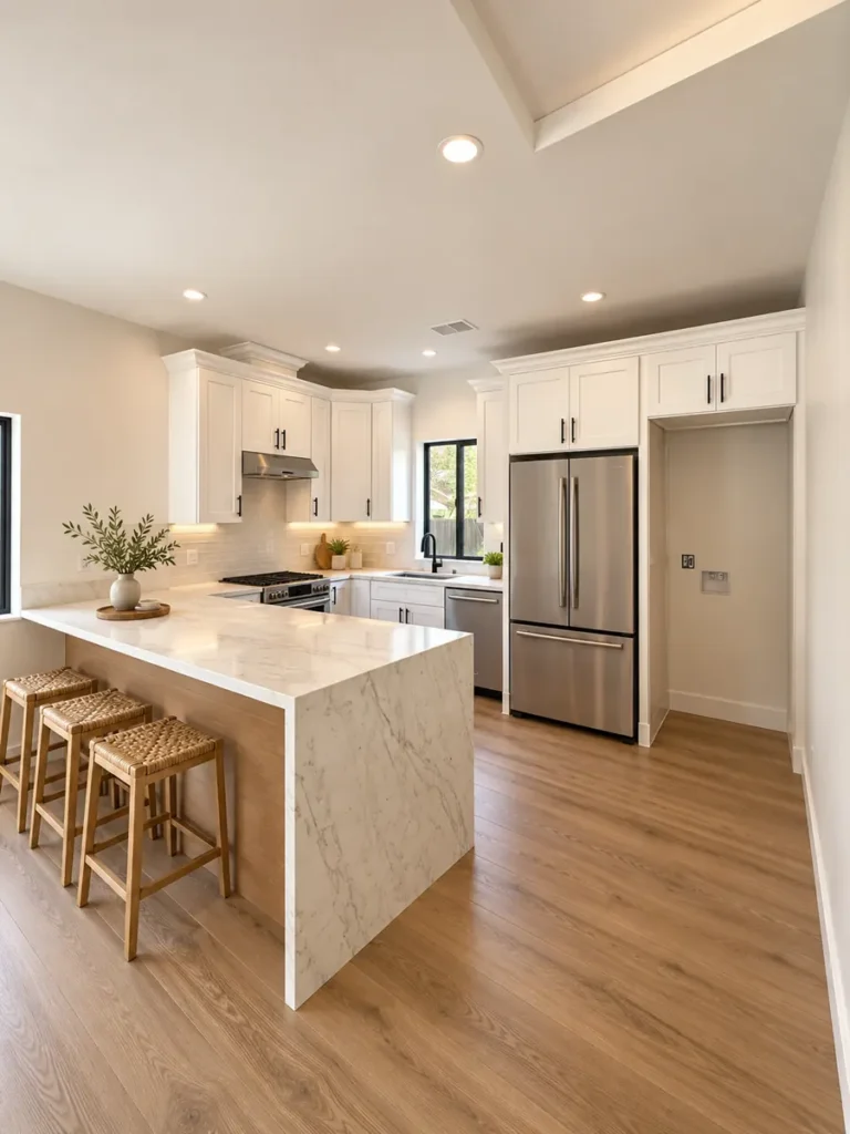 Finished kitchen in the Encino ADU with white shaker cabinets, a marble waterfall peninsula and three stools