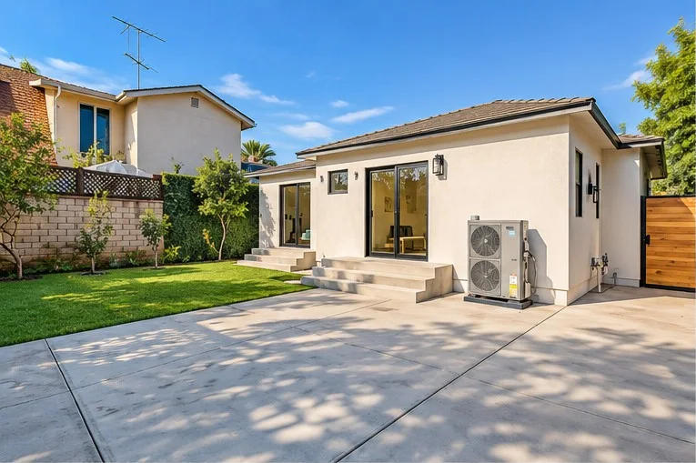 Home addition in Long Beach built by MAMOS, seen from the concrete patio
