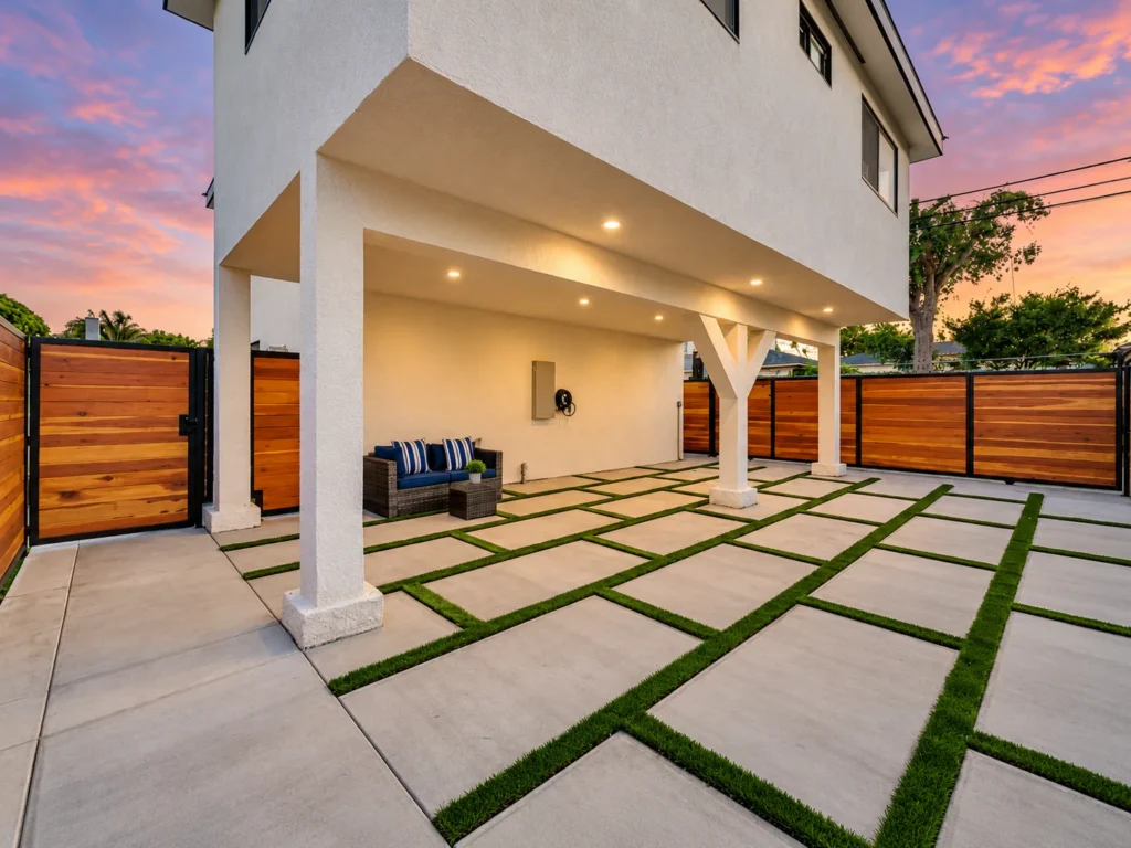 Covered patio under a two-story ADU in Long Beach built by MAMOS