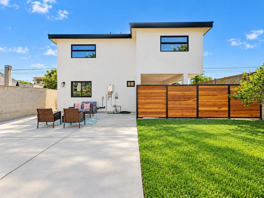 Two-story ADU built by MAMOS in Long Beach, seen from the yard