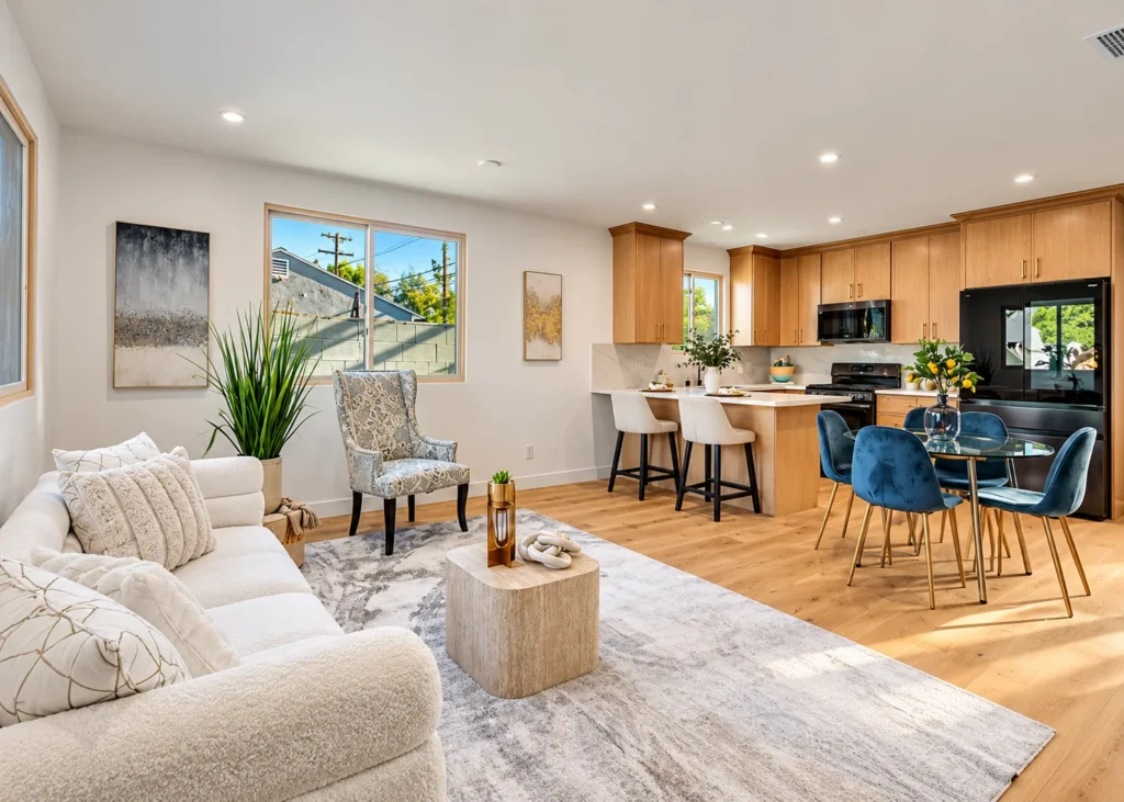 Living area and kitchen inside a Long Beach ADU built by MAMOS