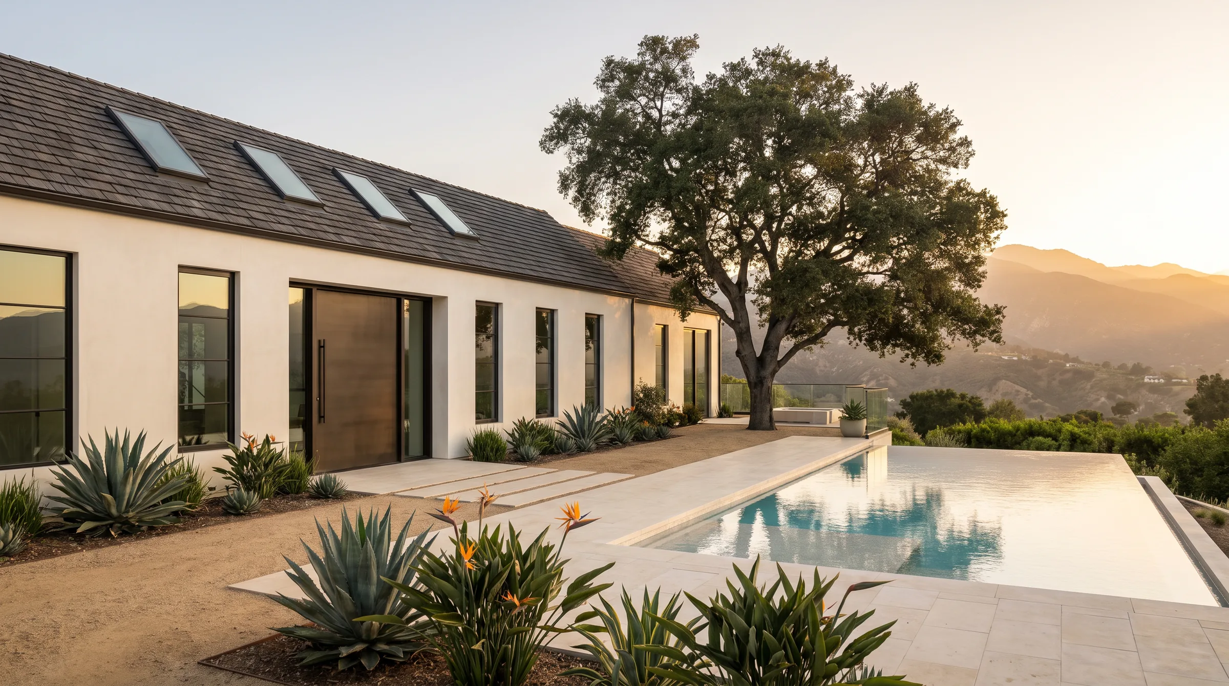 Modern California hillside home at golden hour with infinity pool