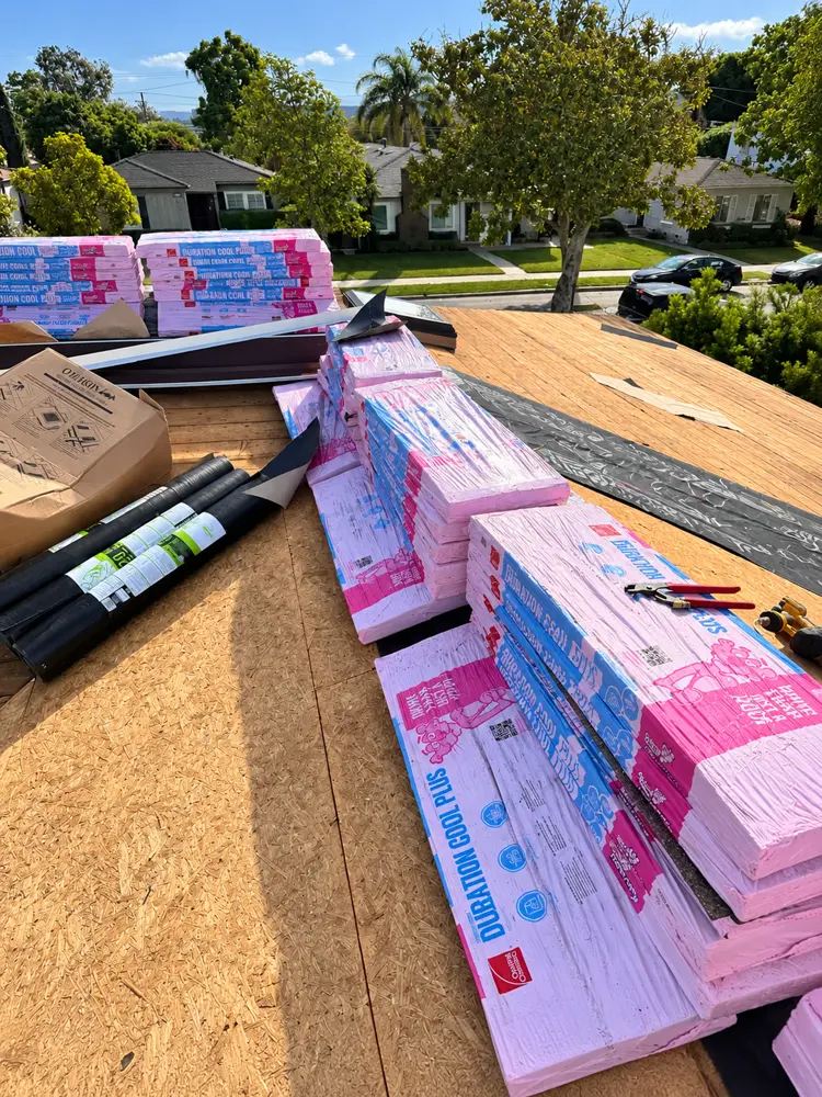 Materials loaded on the roof for a Long Beach re-roof