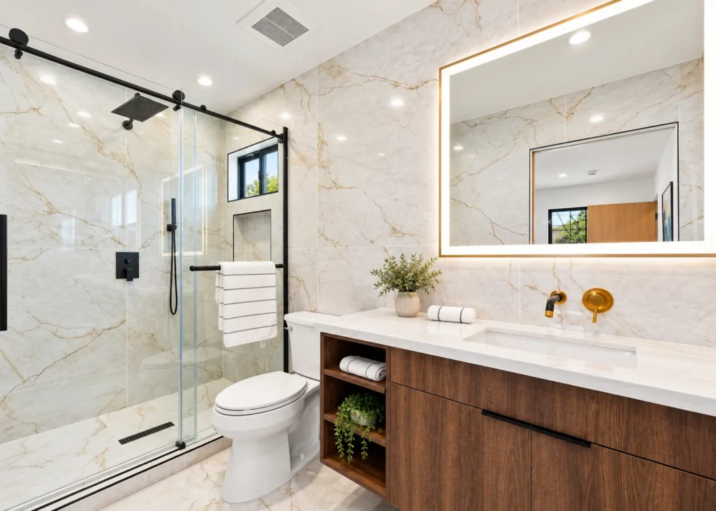 Bathroom inside a Rancho Park ADU built by MAMOS, marble-look tile, glass shower and a lit mirror