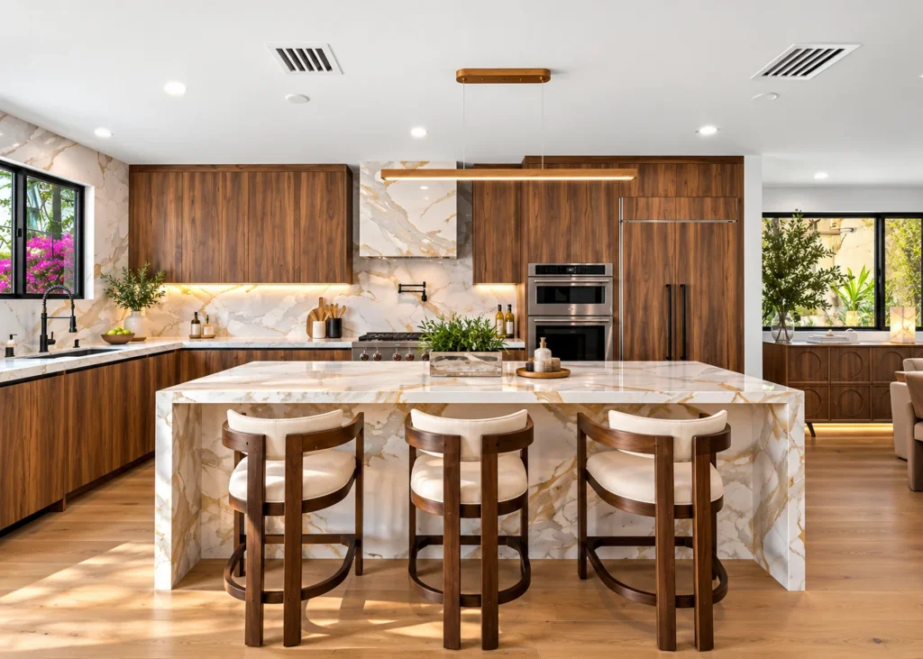 Kitchen in a MAMOS remodel in Rancho Park, walnut cabinets and a marble-look waterfall island